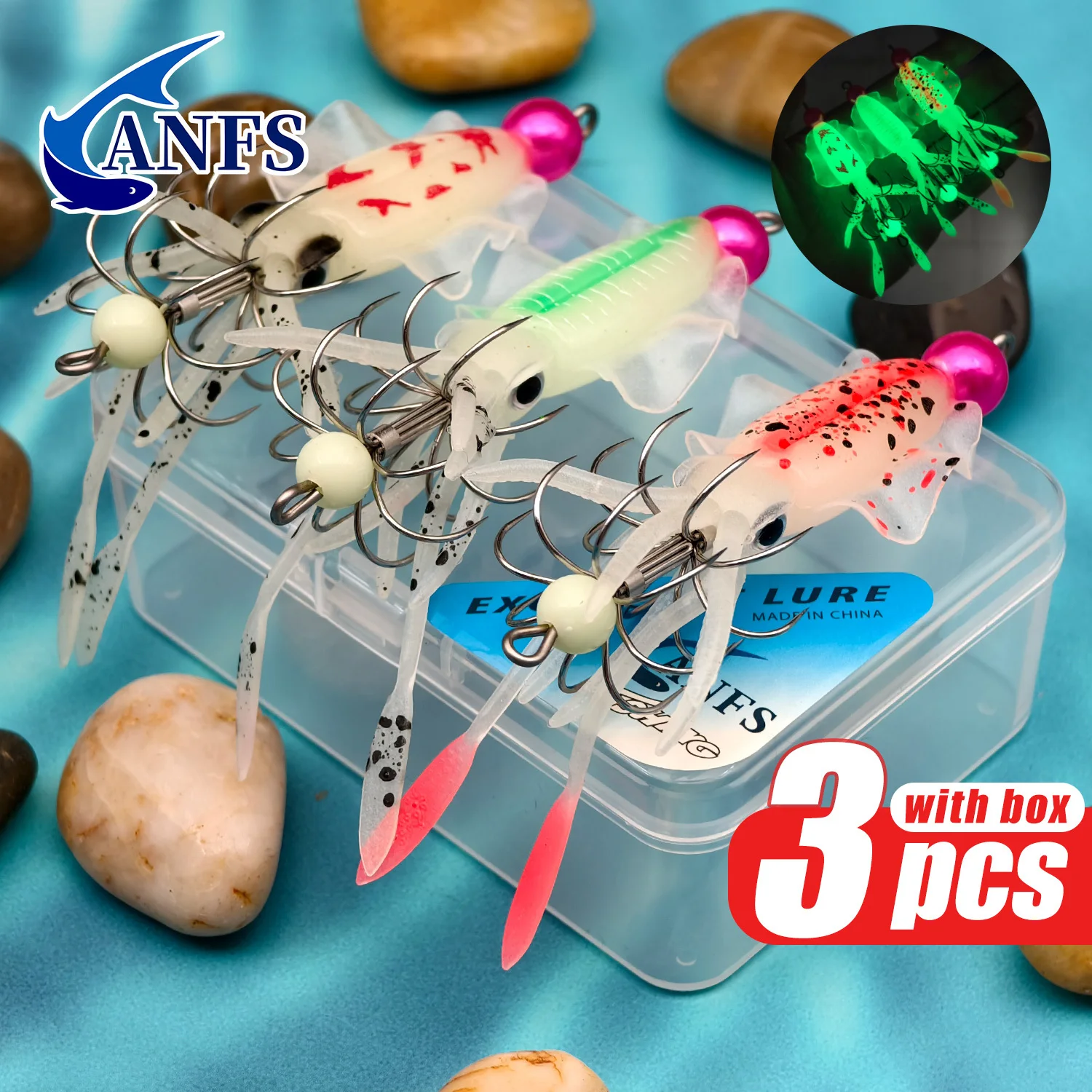 ANFS 3pcs Squid Bait Kit- Ideal for Night Fishing, Squid Fishing Lures ,Amazing Fishing Gift for Angler.