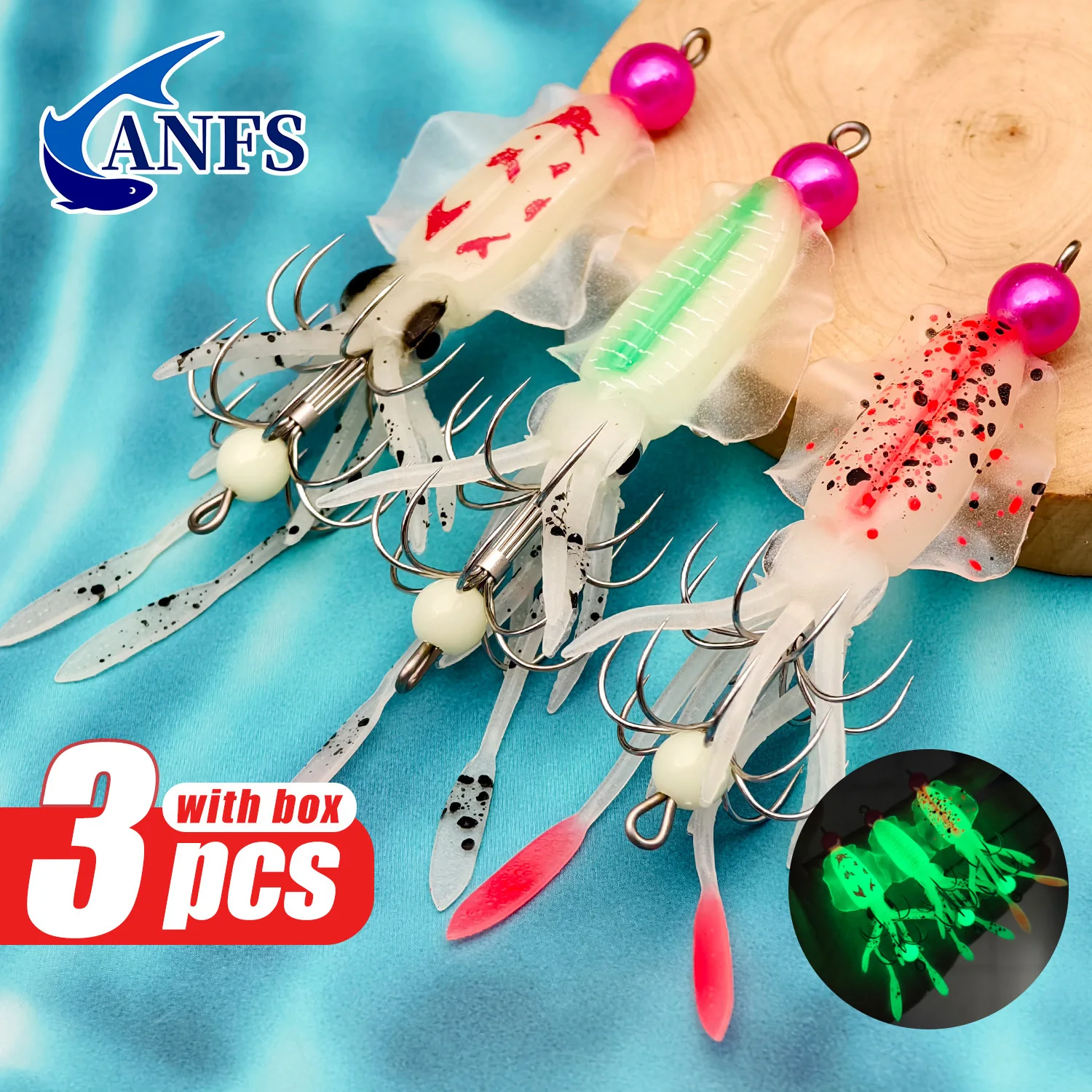 ANFS 3pcs Squid Bait Kit- Ideal for Night Fishing, Squid Fishing Lures ,Amazing Fishing Gift for Angler.