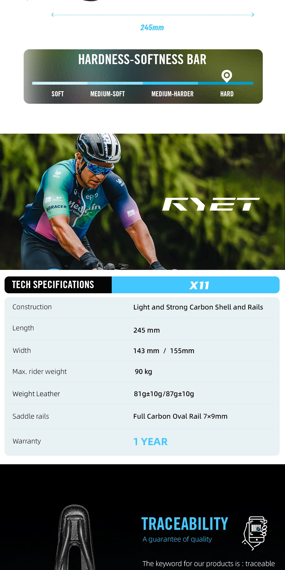 RYET Full Carbon Bicycle Saddle Ultralight 81g/87g Leather Top 7x9mm Carbon Rails 143/155mm for Road MTB Gravel Bike Accessory