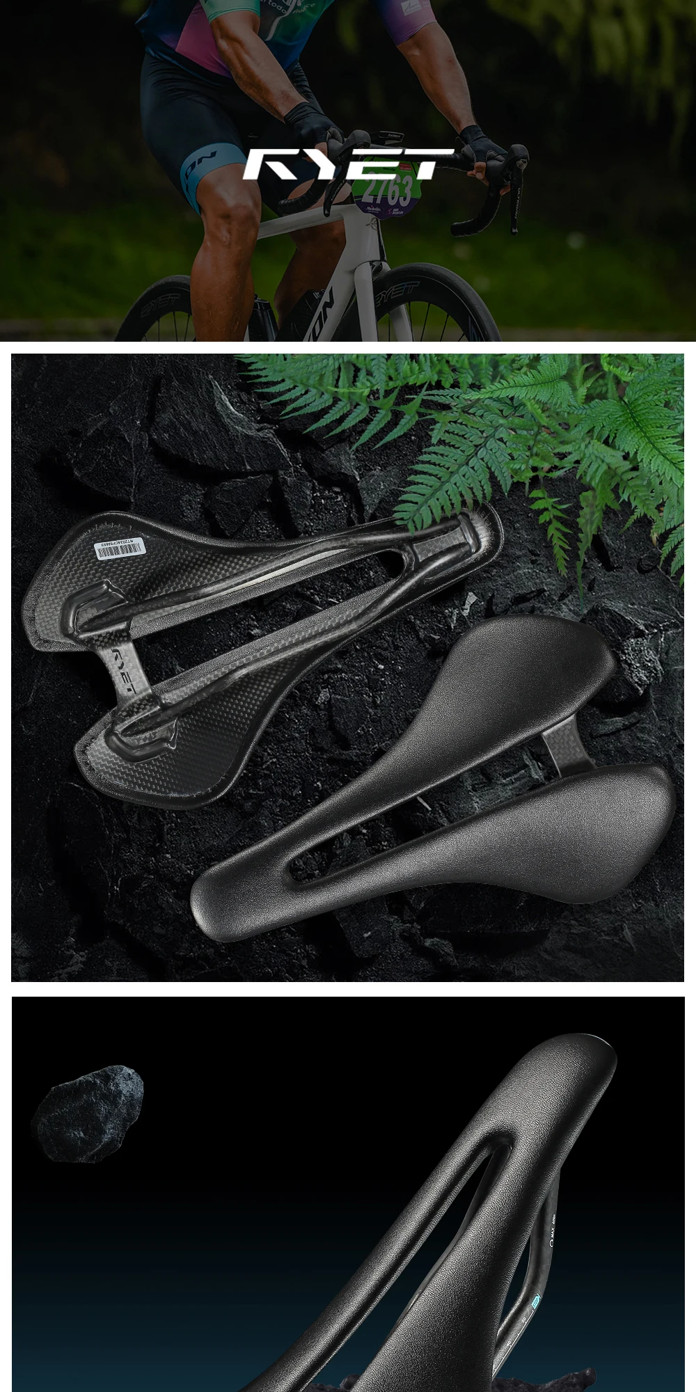 RYET Full Carbon Bicycle Saddle Ultralight 81g/87g Leather Top 7x9mm Carbon Rails 143/155mm for Road MTB Gravel Bike Accessory