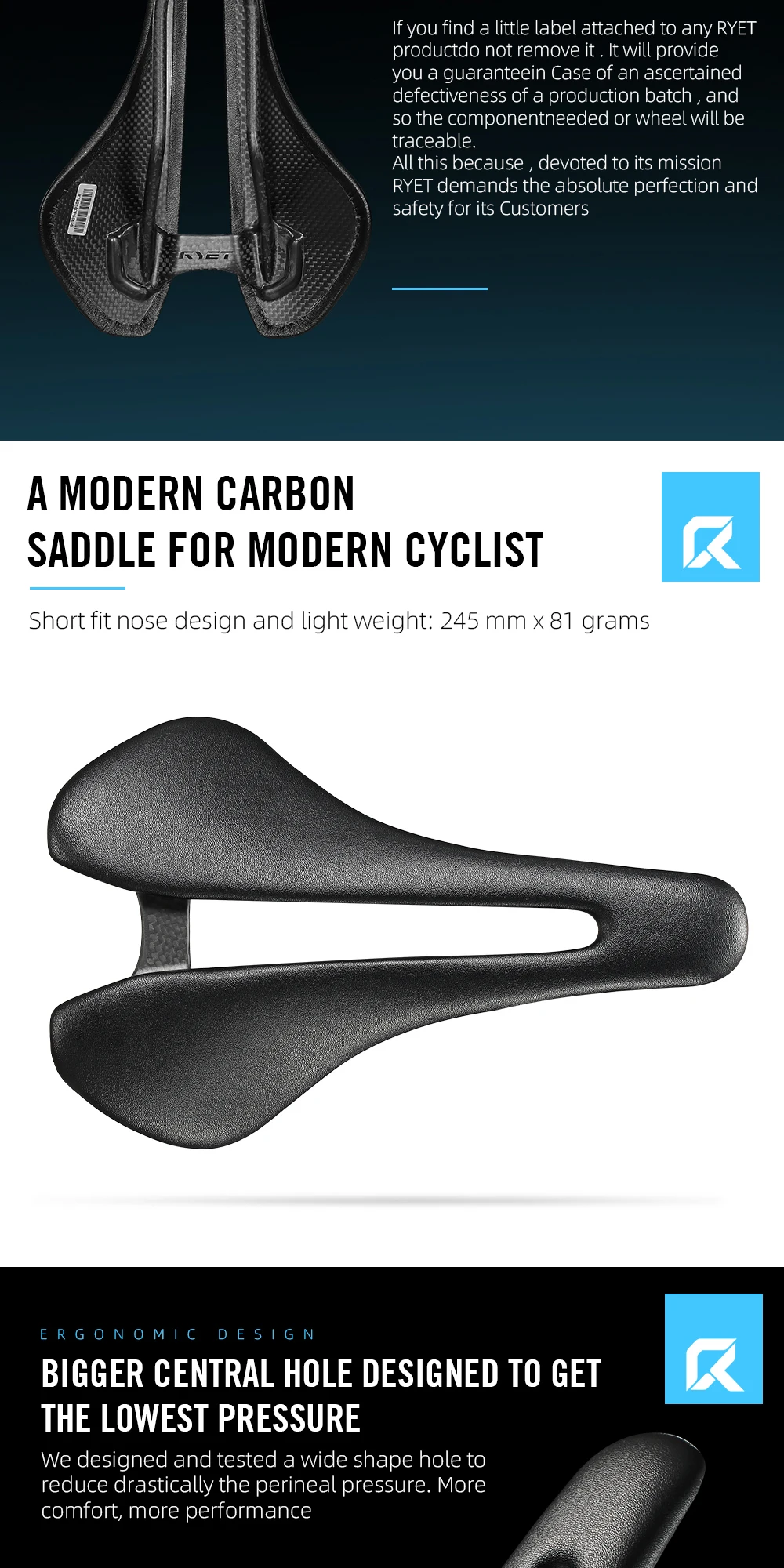 RYET Full Carbon Bicycle Saddle Ultralight 81g/87g Leather Top 7x9mm Carbon Rails 143/155mm for Road MTB Gravel Bike Accessory