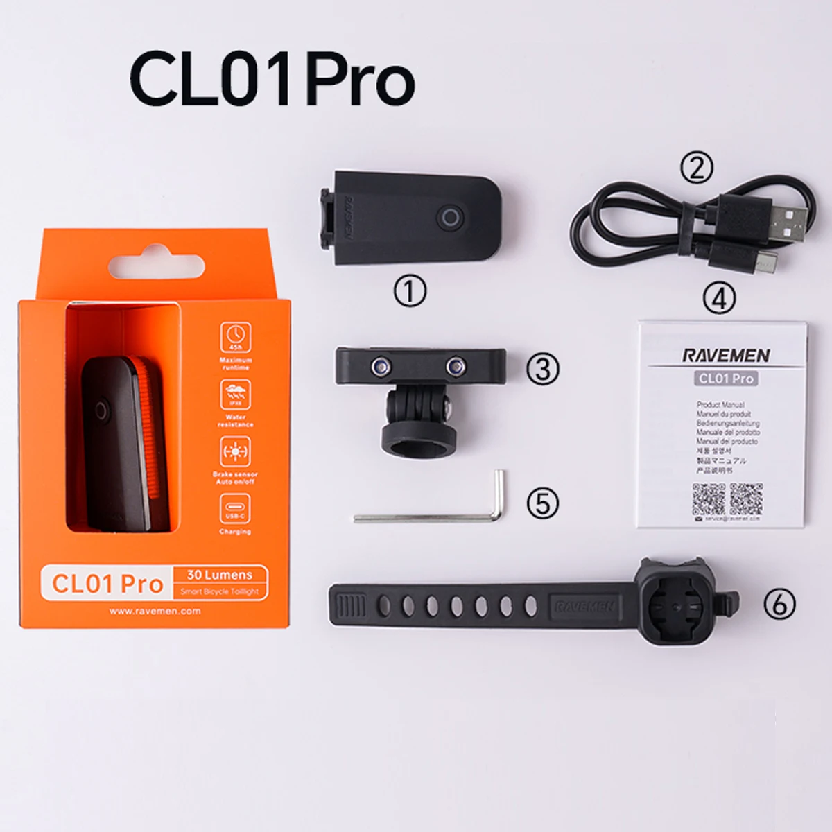 RAVEMEN CL01 Pro Bike Rear Light Bicycle LED Taillight USB-C Rechargeable Auto On-off Brake Sensor Side Visibility Update Mount