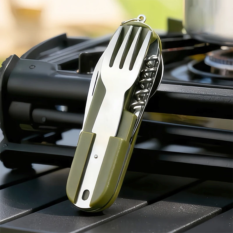 Stainless Steel 7 In 1 Camping Cutlery Set - Foldable Multifunctional Outdoor Tableware With Fork Spoon Knife For Picnic Hiking