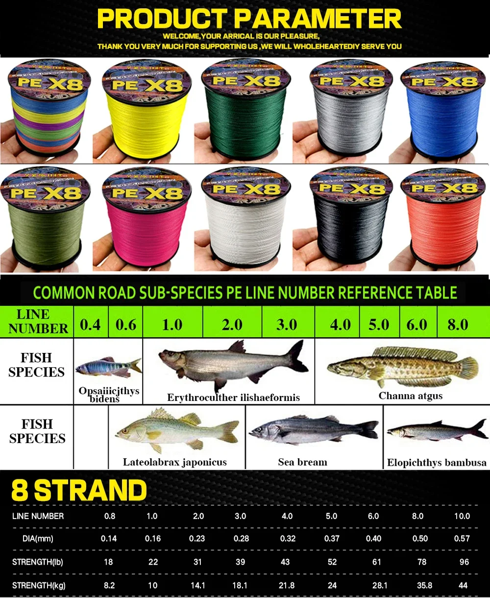 JOF 8 Strand 1000M 500M 300M PE Braided Fishing Wire Super Strong PE Braided Fishing Line Multifilament Braid Thread X8 18-78LBS