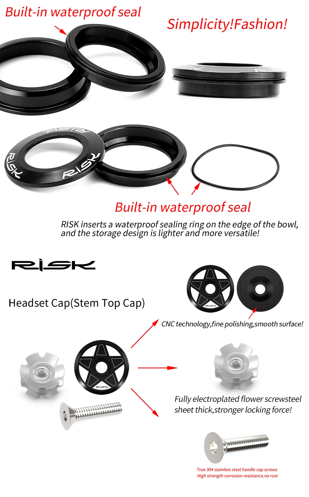 RISK MTB Road Bicycle Headset 44mm 34/41/41.8/49.7/50.6/55/56mm for Bike 28.6mm 1 1/8 Straight 1.25-1.5" 1 1/4-1/2 Tapered Fork
