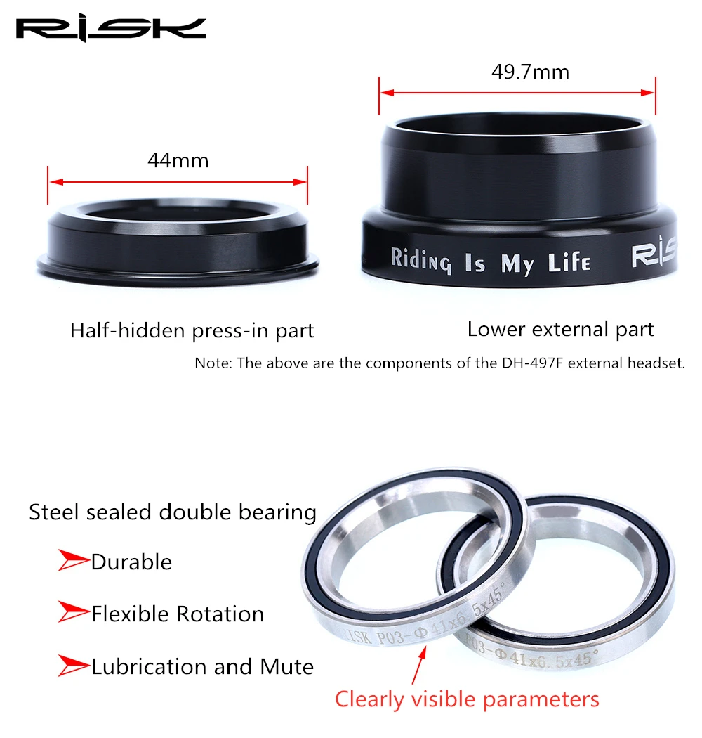 RISK MTB Road Bicycle Headset 44mm 34/41/41.8/49.7/50.6/55/56mm for Bike 28.6mm 1 1/8 Straight 1.25-1.5" 1 1/4-1/2 Tapered Fork
