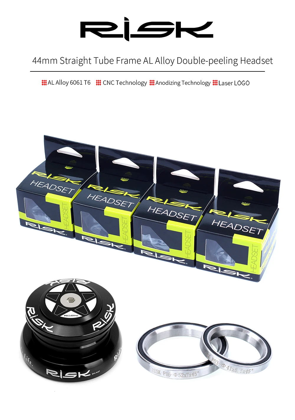 RISK MTB Road Bicycle Headset 44mm 34/41/41.8/49.7/50.6/55/56mm for Bike 28.6mm 1 1/8 Straight 1.25-1.5" 1 1/4-1/2 Tapered Fork