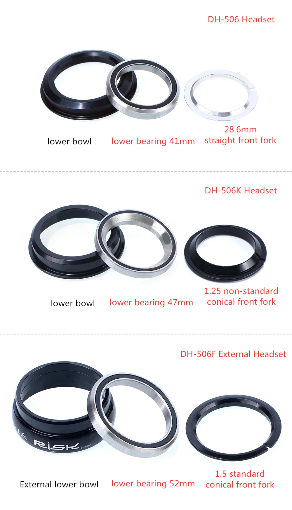 RISK MTB Road Bicycle Headset 44mm 34/41/41.8/49.7/50.6/55/56mm for Bike 28.6mm 1 1/8 Straight 1.25-1.5" 1 1/4-1/2 Tapered Fork