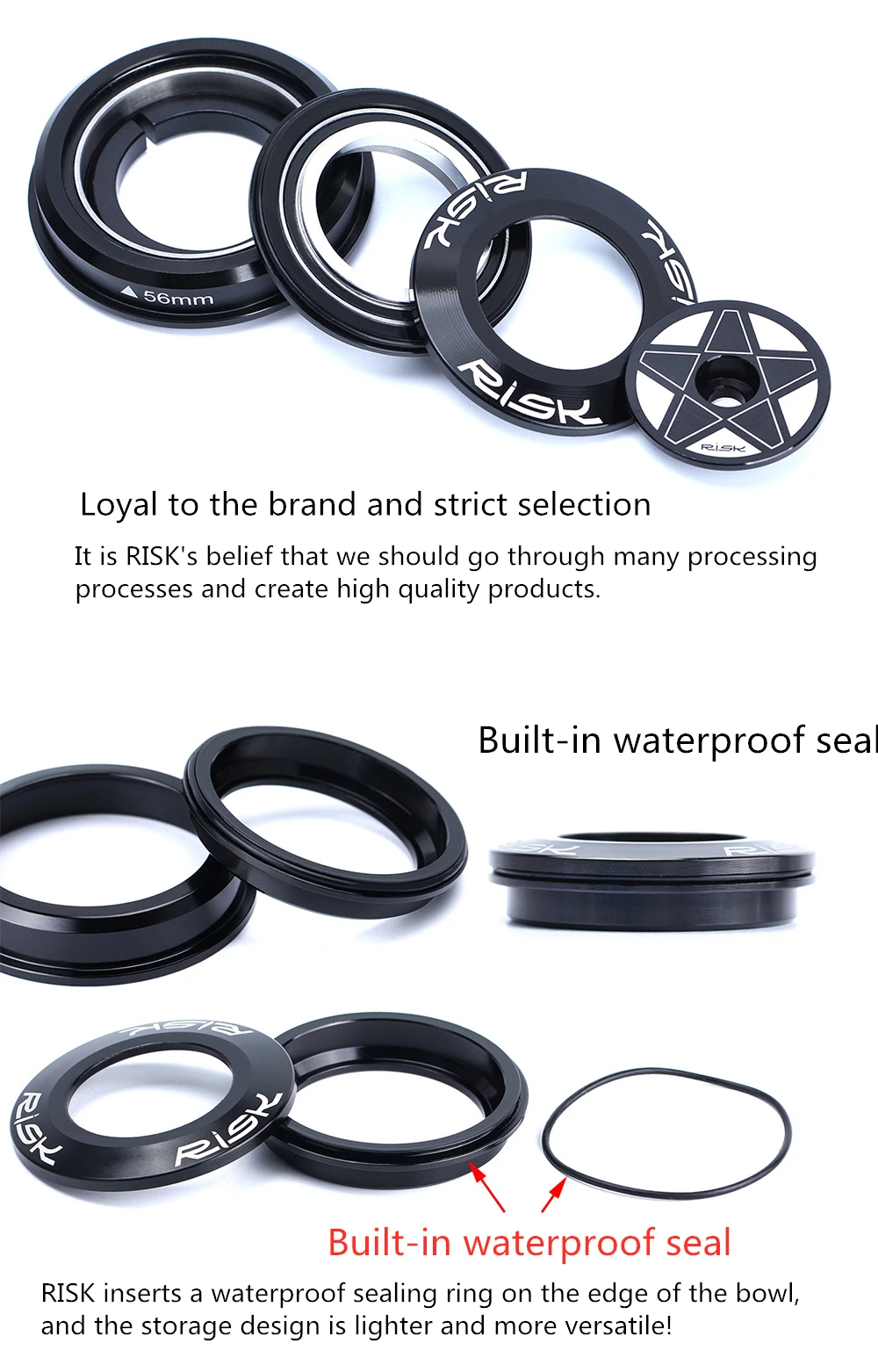 RISK MTB Road Bicycle Headset 44mm 34/41/41.8/49.7/50.6/55/56mm for Bike 28.6mm 1 1/8 Straight 1.25-1.5" 1 1/4-1/2 Tapered Fork