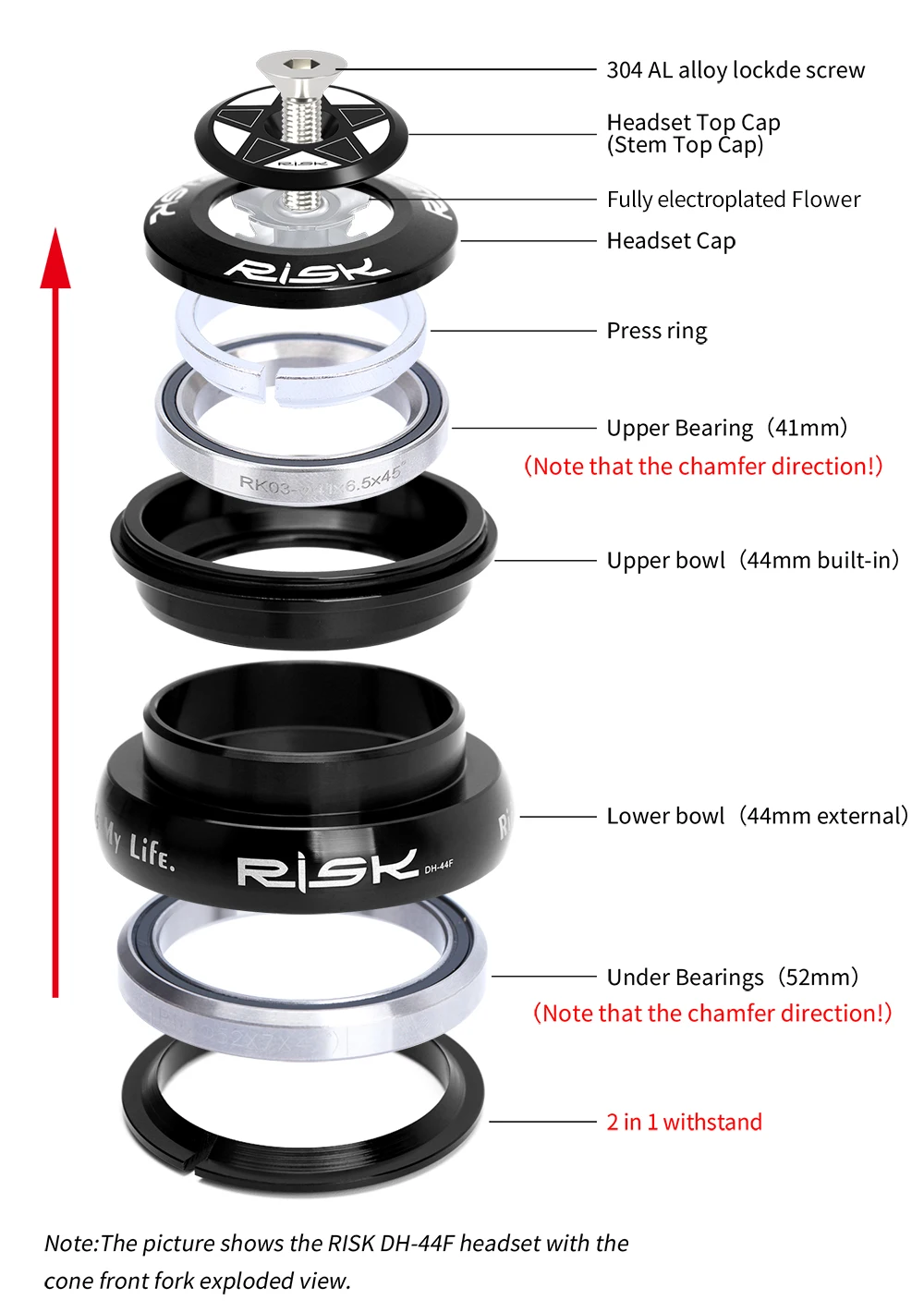 RISK MTB Road Bicycle Headset 44mm 34/41/41.8/49.7/50.6/55/56mm for Bike 28.6mm 1 1/8 Straight 1.25-1.5" 1 1/4-1/2 Tapered Fork