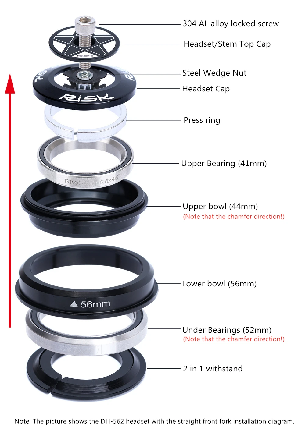 RISK MTB Road Bicycle Headset 44mm 34/41/41.8/49.7/50.6/55/56mm for Bike 28.6mm 1 1/8 Straight 1.25-1.5" 1 1/4-1/2 Tapered Fork