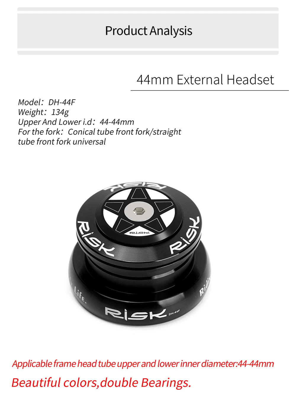 RISK MTB Road Bicycle Headset 44mm 34/41/41.8/49.7/50.6/55/56mm for Bike 28.6mm 1 1/8 Straight 1.25-1.5" 1 1/4-1/2 Tapered Fork