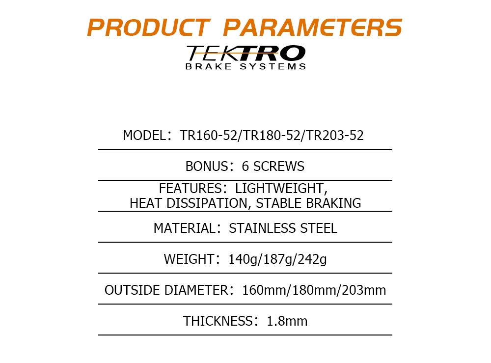 TEKTRO Disc Brake Rotor 6-Bolt TR160/TR180/TR203 160/180/203mm Stainless Steel Lightweight Dissipation Polygonal Design Screws