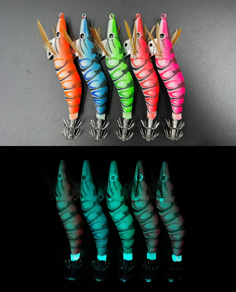 ShareShark 10pcs/lot Fishing Wood Shrimp Luminous Squid Octopus Lure 3D Eyes Lure Hard Bait Fishing Tools