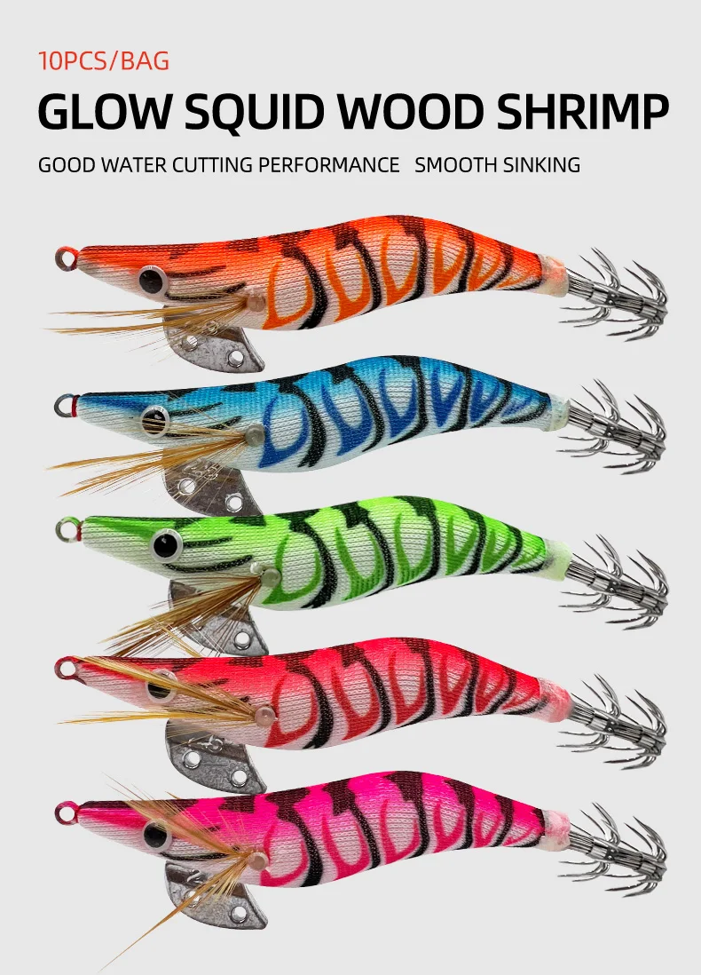 ShareShark 10pcs/lot Fishing Wood Shrimp Luminous Squid Octopus Lure 3D Eyes Lure Hard Bait Fishing Tools