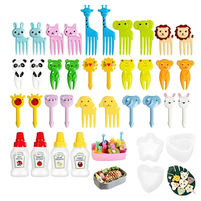 12-46pcs Bento Box Accessory Set Cute Mini Fruit Forks Set Portable Tomato Sauce Dispenser Set Outdoor Tableware