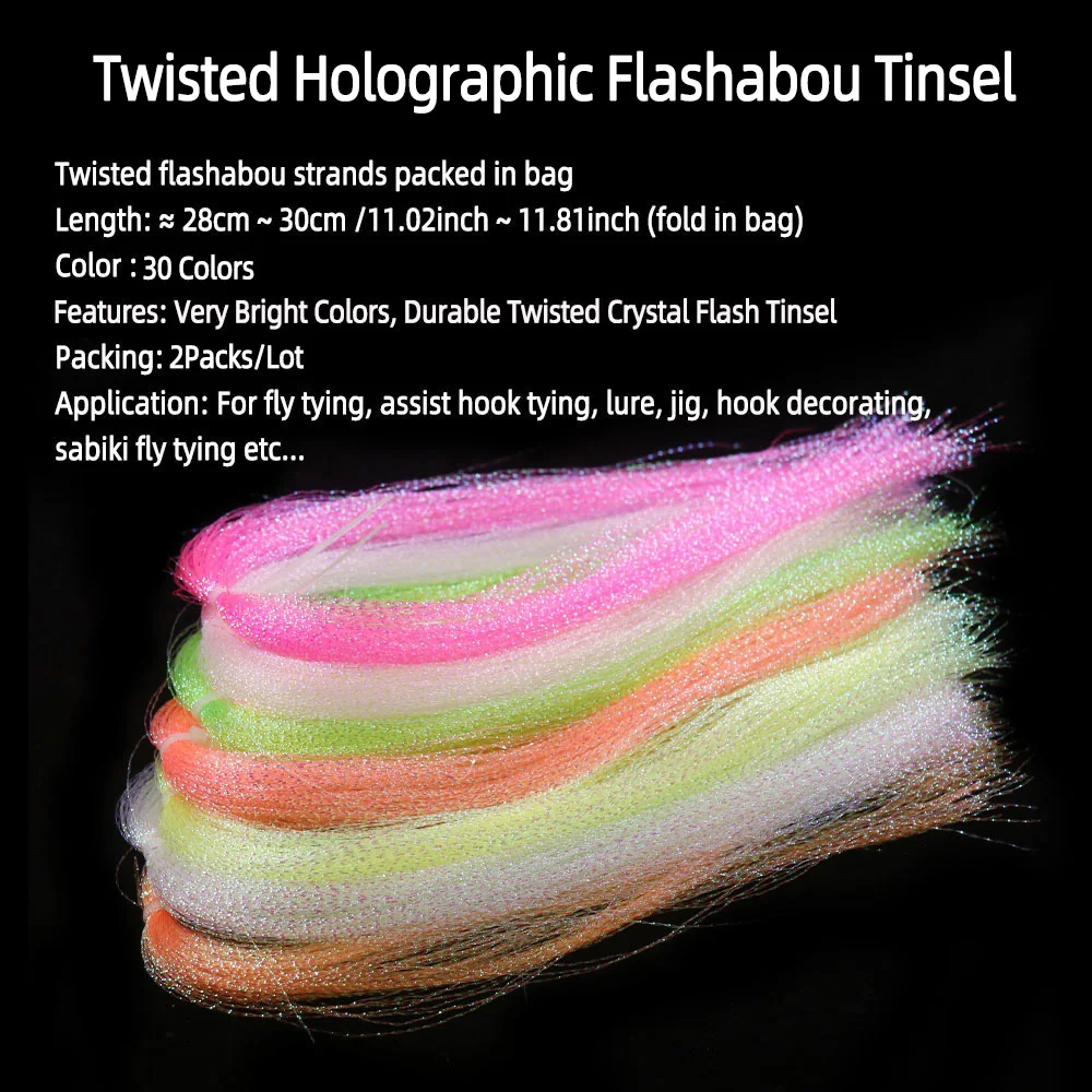 2Packs Twisted Holographic Flashabou Tinsel Fly Fishing Tying Crystal Flash for Baitfish Streamer Jig Hook Lure Making Material