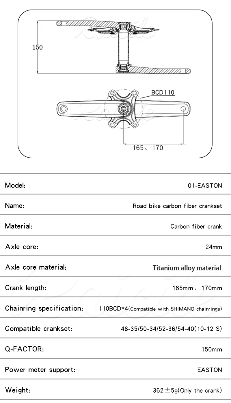 RPANTAHI Road Bike Carbon Fibre Crankset, Featuring a 24 Mm Titanium Axle and an Ultra-Light Carbon Fibre BCD 110 Spider EASTON