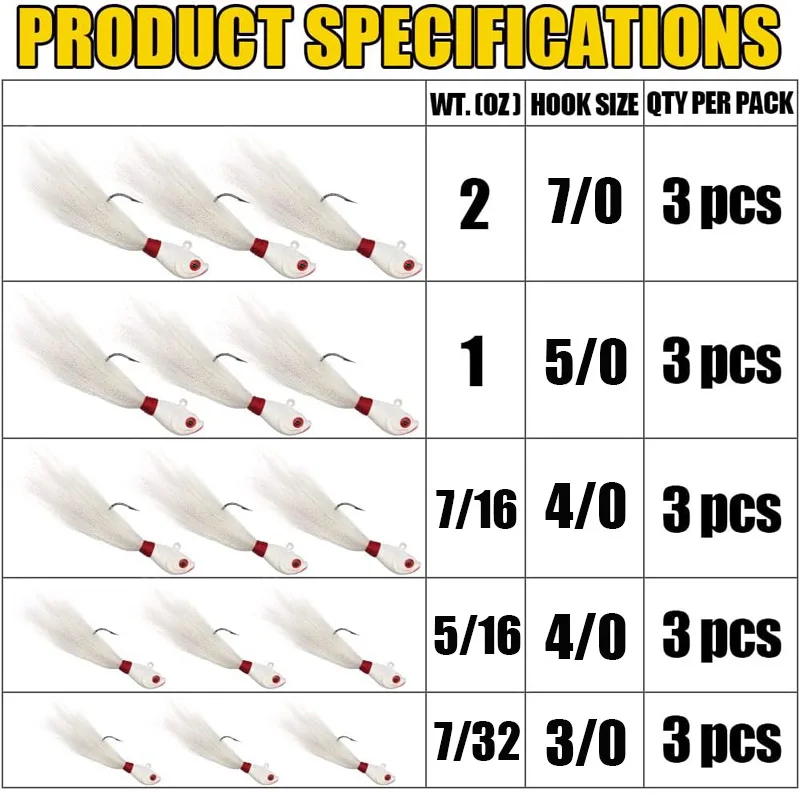 3pcs Bucktail Jigs Head Fishing Lure Hook 3D Eyes Bait Deer Hair Feather Hook Beard Jigging Lure Fishing