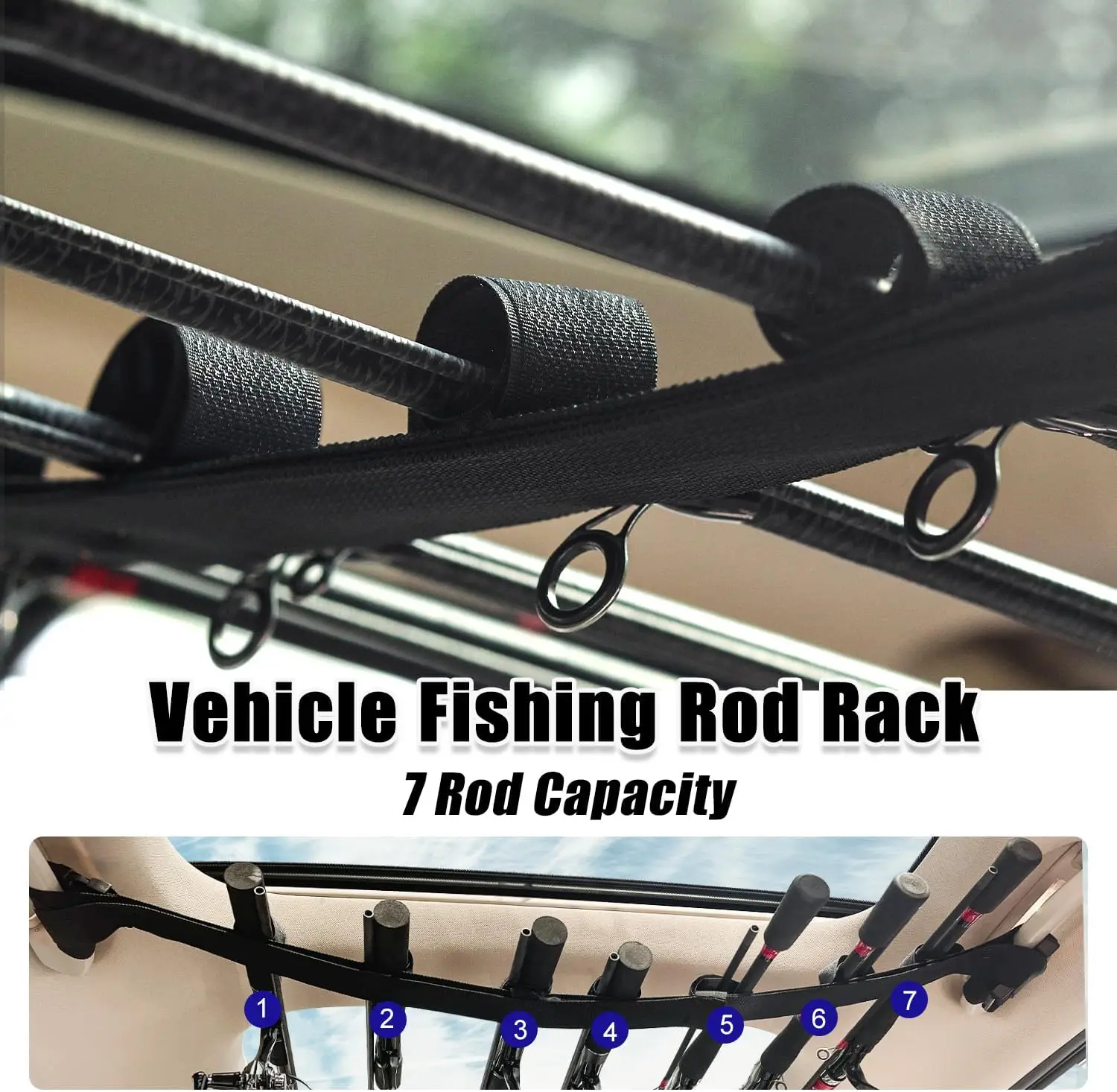 Car Fishing Rod Holder 7 Rod Capacity, Adjustable 33.5-66.9 Inch Heavy Duty Vehicle Rod Carrier for SUV/Wagons/Van/Jeep/Truck