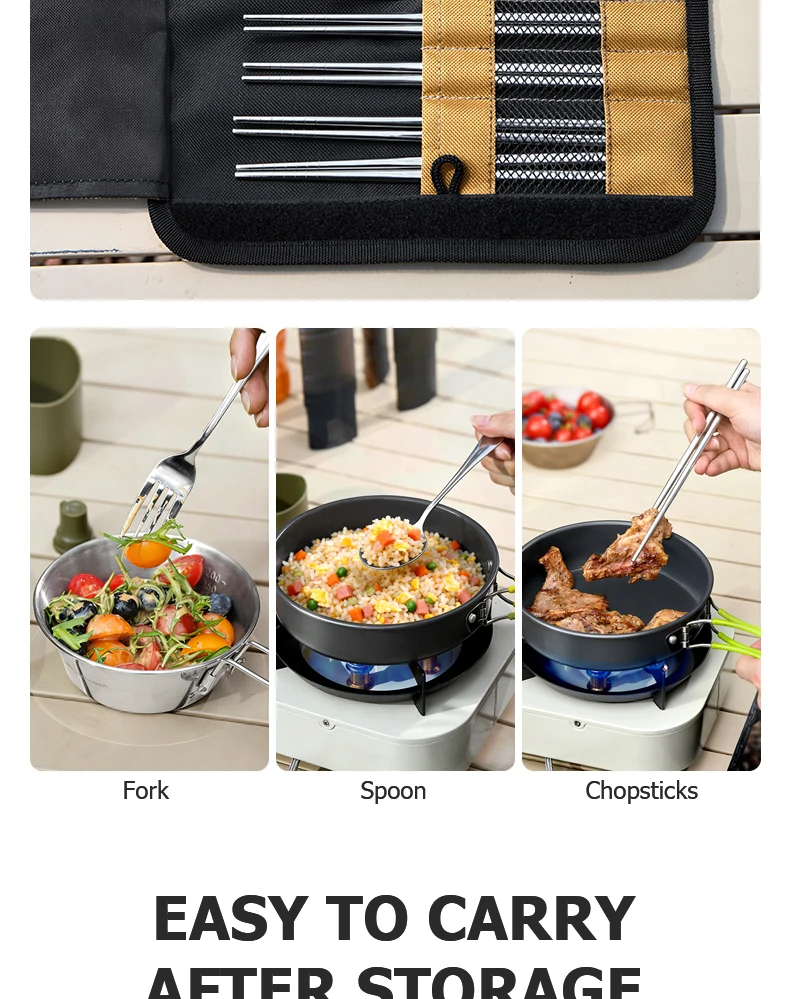 BISINNA Camping Cutlery Set 304 Stainless Steel Spoon Chopsticks Fork with Storage Bag for Outdoor Picnic Travel Tableware