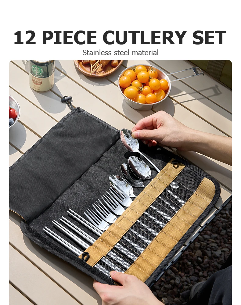 BISINNA Camping Cutlery Set 304 Stainless Steel Spoon Chopsticks Fork with Storage Bag for Outdoor Picnic Travel Tableware