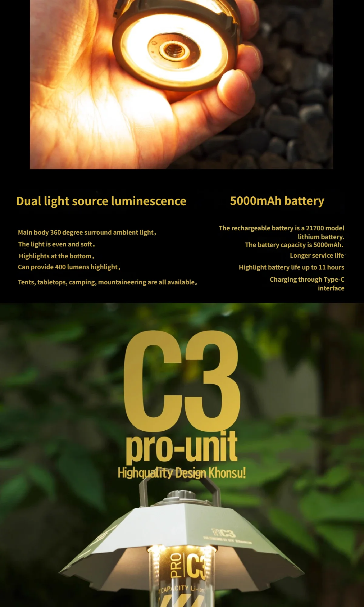 5000mAh Tactical Camping Lamp Portable Rechargeable Tent Lamp Outdoor LED Flashlight For Outdoor Camping Hiking Fishing