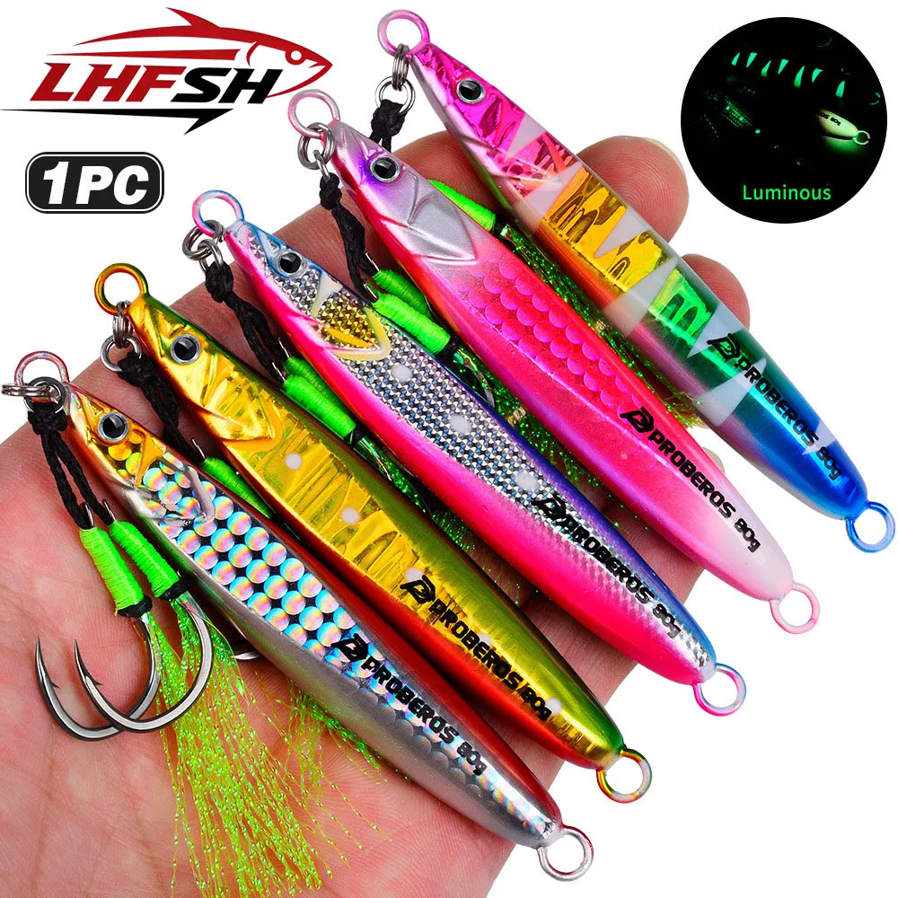 LHFSH Luminous Metal Jig Fishing Lures Hard Bait 20g-80g Slow Sinking Jigging Bait with Treble Hooks for Sea Bass Tuna Fishing