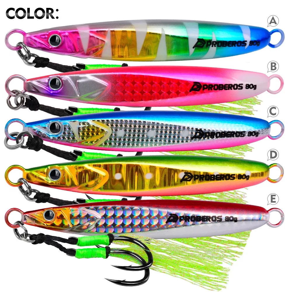LHFSH Luminous Metal Jig Fishing Lures Hard Bait 20g-80g Slow Sinking Jigging Bait with Treble Hooks for Sea Bass Tuna Fishing