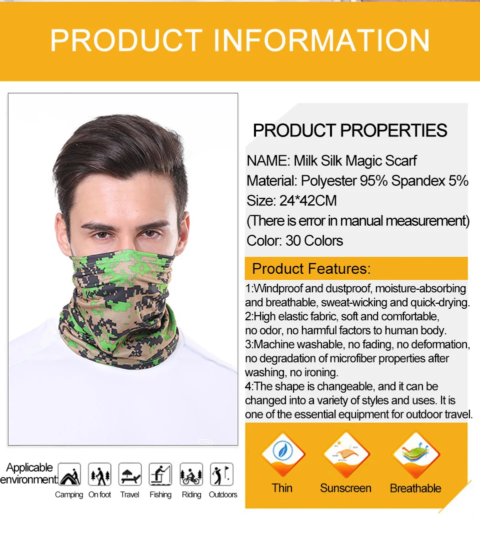 GTUBIKE Ice Silk Bandana Neck Gaiter Breathable UV Protection Hiking Face Mask Outdoor Sports Sunscreen Fishing Face Cover Scarf