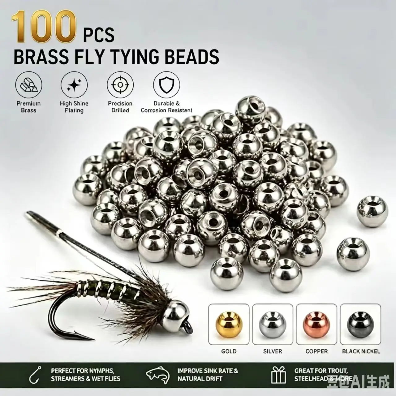 Elite TG 100Pcs 2.0-4.7mm 4Colors Fly Fishing Brass Beads Cyclops Nymph Head Beads Fly Tying Lure Making Materials