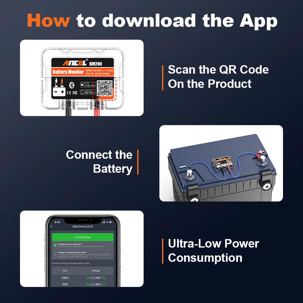ANCEL BM200 12V Battery Monitor Car Battery Health Monitoring Battery Tester Wireless Bluetooth 4.2 For Android IOS APP