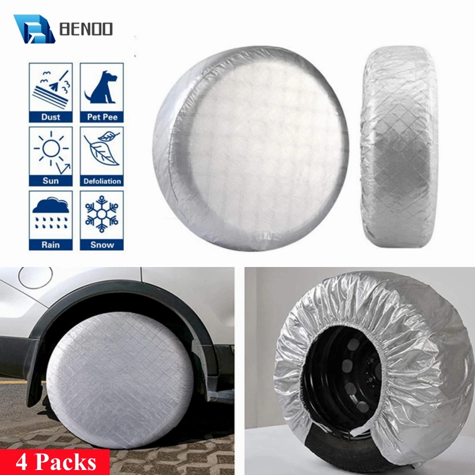 4 Packs Adjustable 19"-36" Silver Wheel Tire Covers for Sedan RV Camper Van SUV Wheel Oxford Waterproof UV Sun Protectors