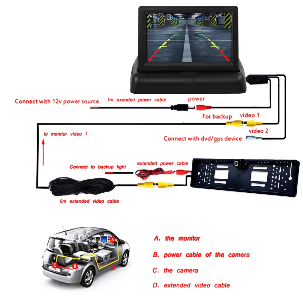 4.3TFT Car Monitor + Rear View Camera Waterproof EU European License Plate Frame Parktronic Reverse Night Vision Backup Camera