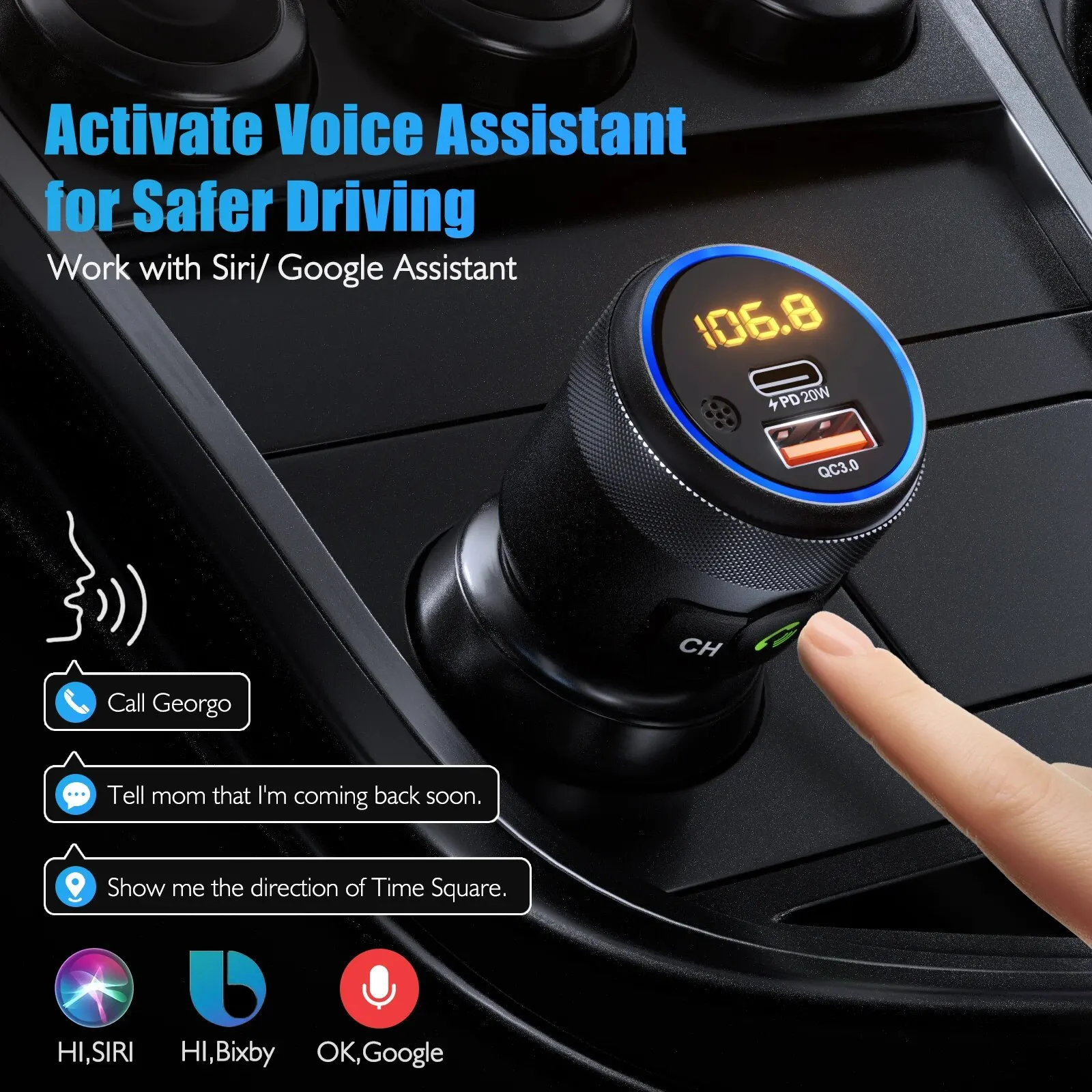 LENCENT FM Transmitter Car Bluetooth 5.1 Modulator WithType C PD 20W and QC3.0 18W Car Fast Charger MP3 Player Radio Car Kit