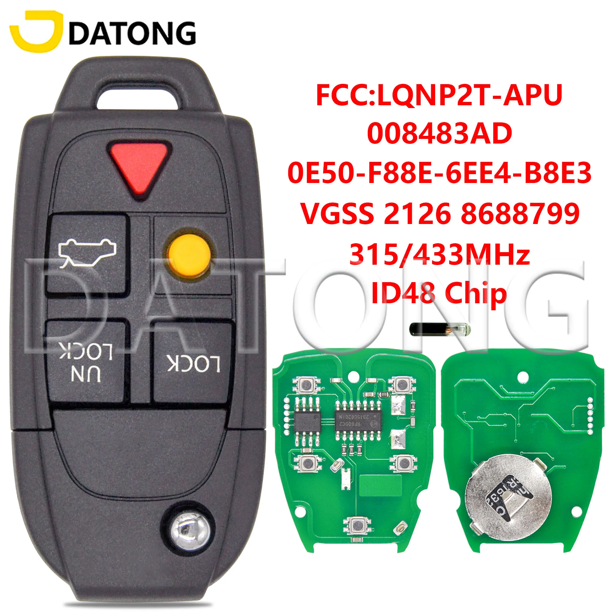 Datong World Car Remote Key For Volvo XC70 XC90 S60 S80 V70 2004-2015 ID48 Chip 315/433MHz 8688799 8688800 LQNP2T-APU