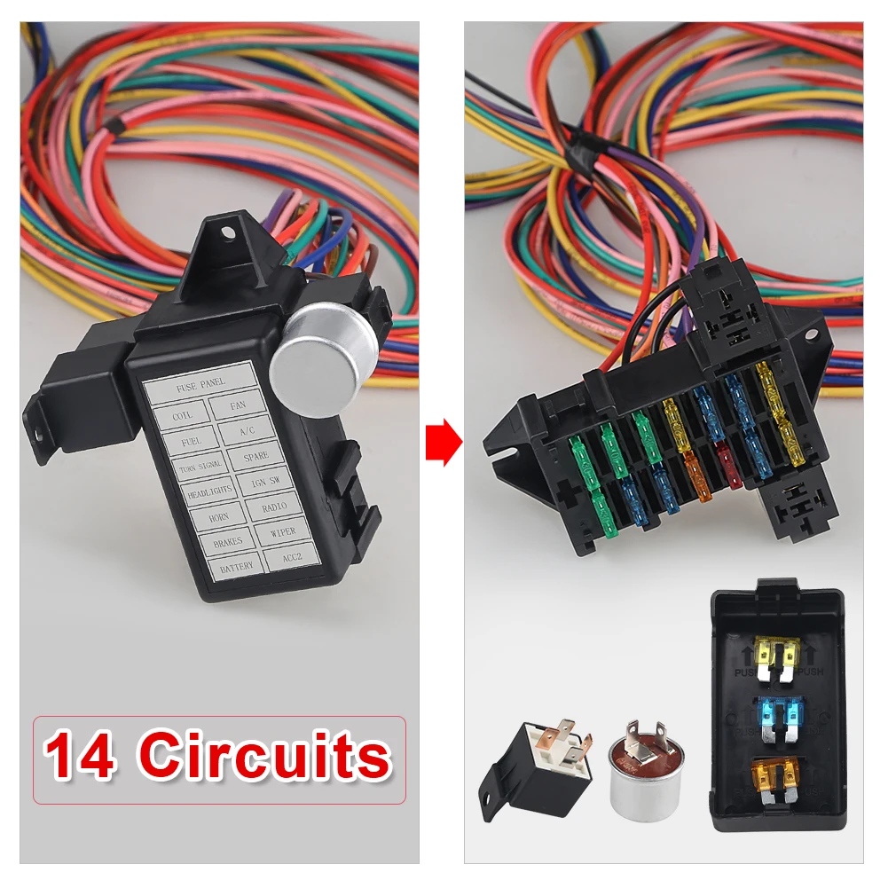 14 Circuit Wiring Harness Kit Car Modification Circuit 14 Fuse For Chevy Ford Chrysler Mopar Muscle Car Electrical Wire Harness