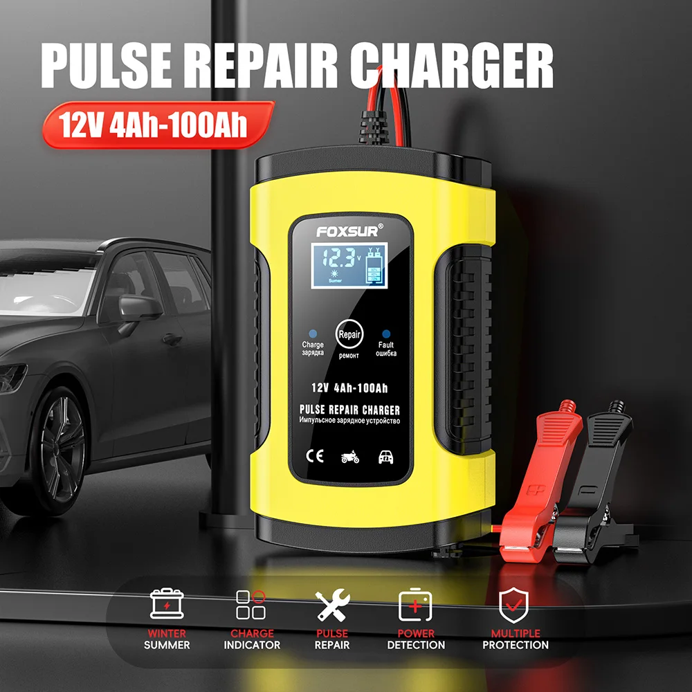 Foxsur Full Automatic Car Battery Charger 12V 5A Smart Fast Power Charging for AGM GEL Wet Dry Lead Acid Digital LCD Display
