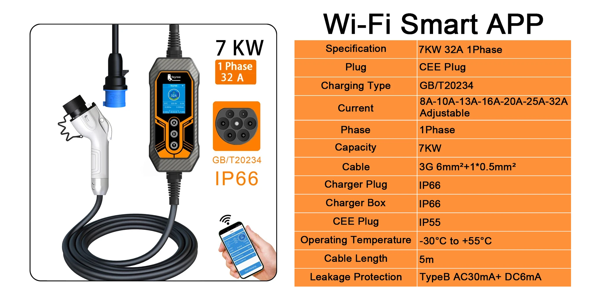 Feyree GB/T Portable EV Charger 32A 7KW 1Phase APP Bluetooth Version EVSE 11KW 16A 3Phase Cable 5m CEE Plug for Electric Vehicle