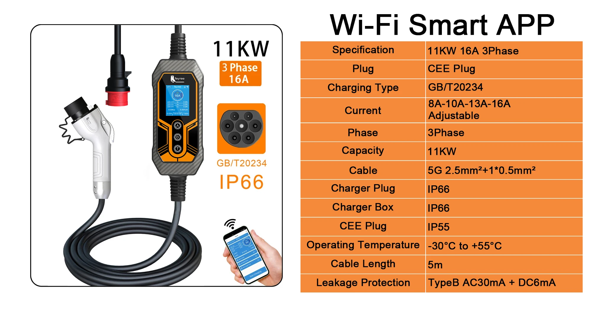 Feyree GB/T Portable EV Charger 32A 7KW 1Phase APP Bluetooth Version EVSE 11KW 16A 3Phase Cable 5m CEE Plug for Electric Vehicle