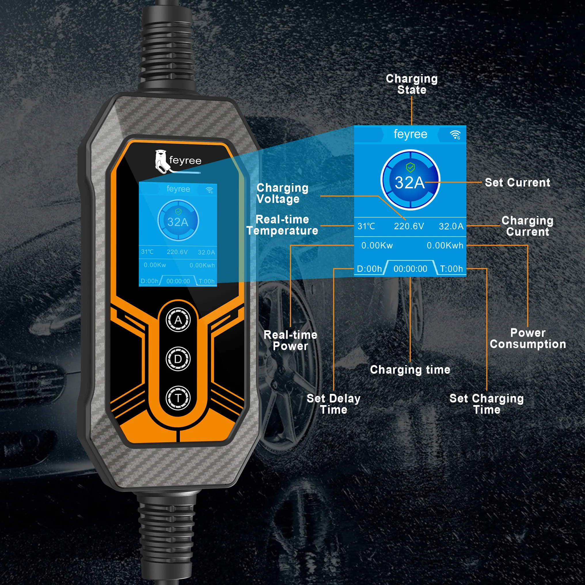 Feyree GB/T Portable EV Charger 32A 7KW 1Phase APP Bluetooth Version EVSE 11KW 16A 3Phase Cable 5m CEE Plug for Electric Vehicle
