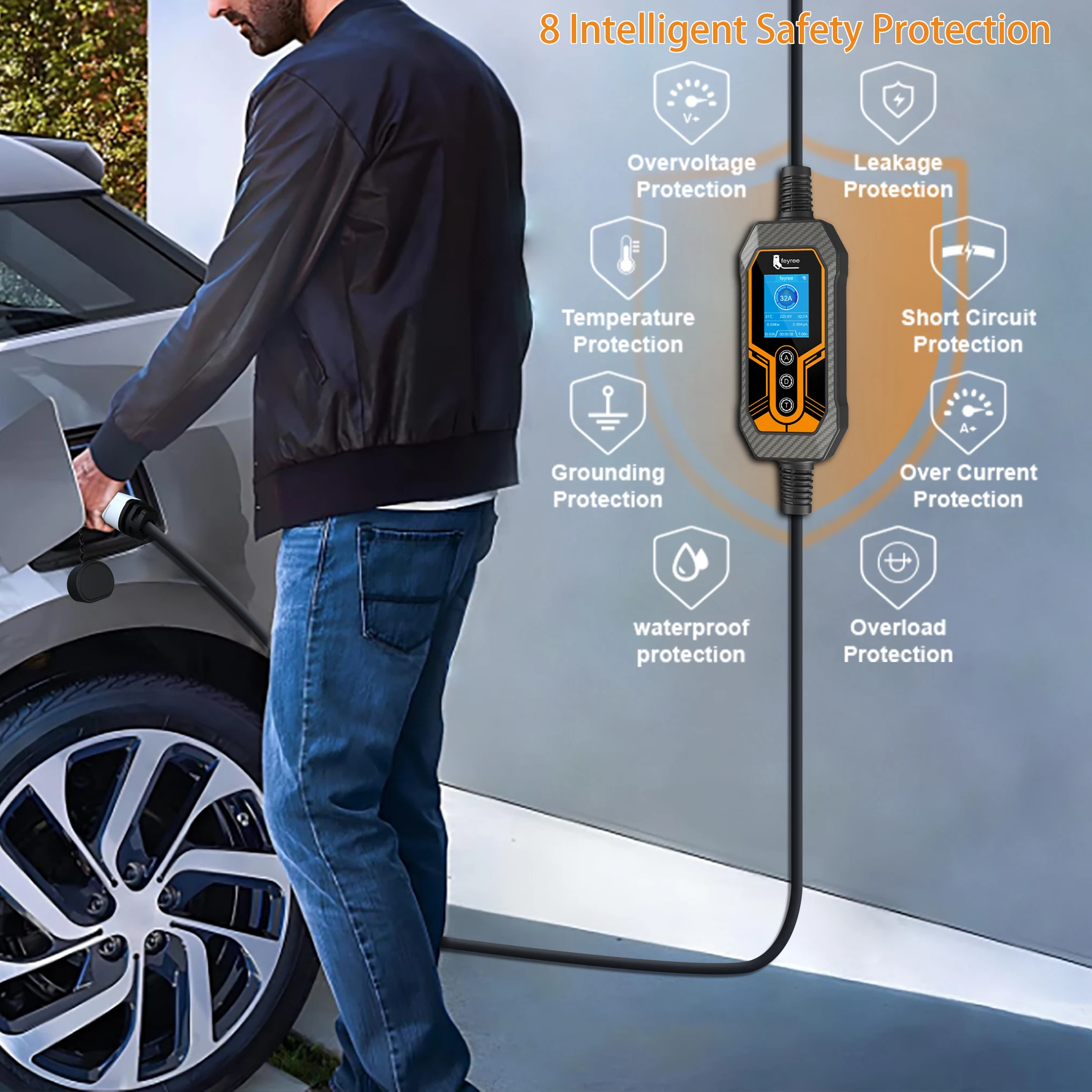 Feyree GB/T Portable EV Charger 32A 7KW 1Phase APP Bluetooth Version EVSE 11KW 16A 3Phase Cable 5m CEE Plug for Electric Vehicle