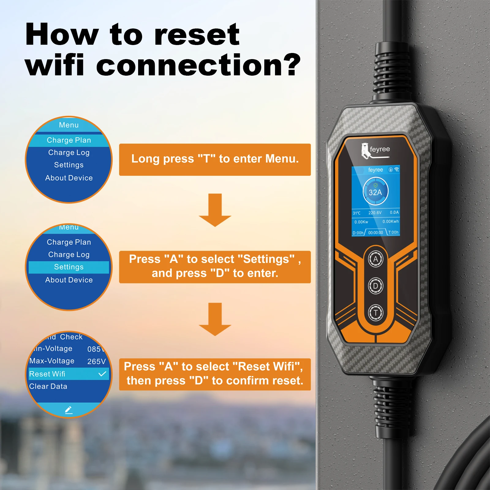 Feyree GB/T Portable EV Charger 32A 7KW 1Phase APP Bluetooth Version EVSE 11KW 16A 3Phase Cable 5m CEE Plug for Electric Vehicle