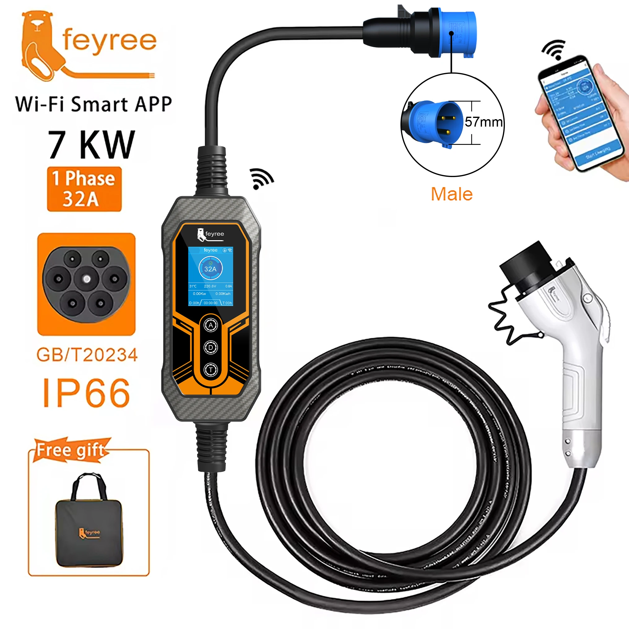 Feyree GB/T Portable EV Charger 32A 7KW 1Phase APP Bluetooth Version EVSE 11KW 16A 3Phase Cable 5m CEE Plug for Electric Vehicle