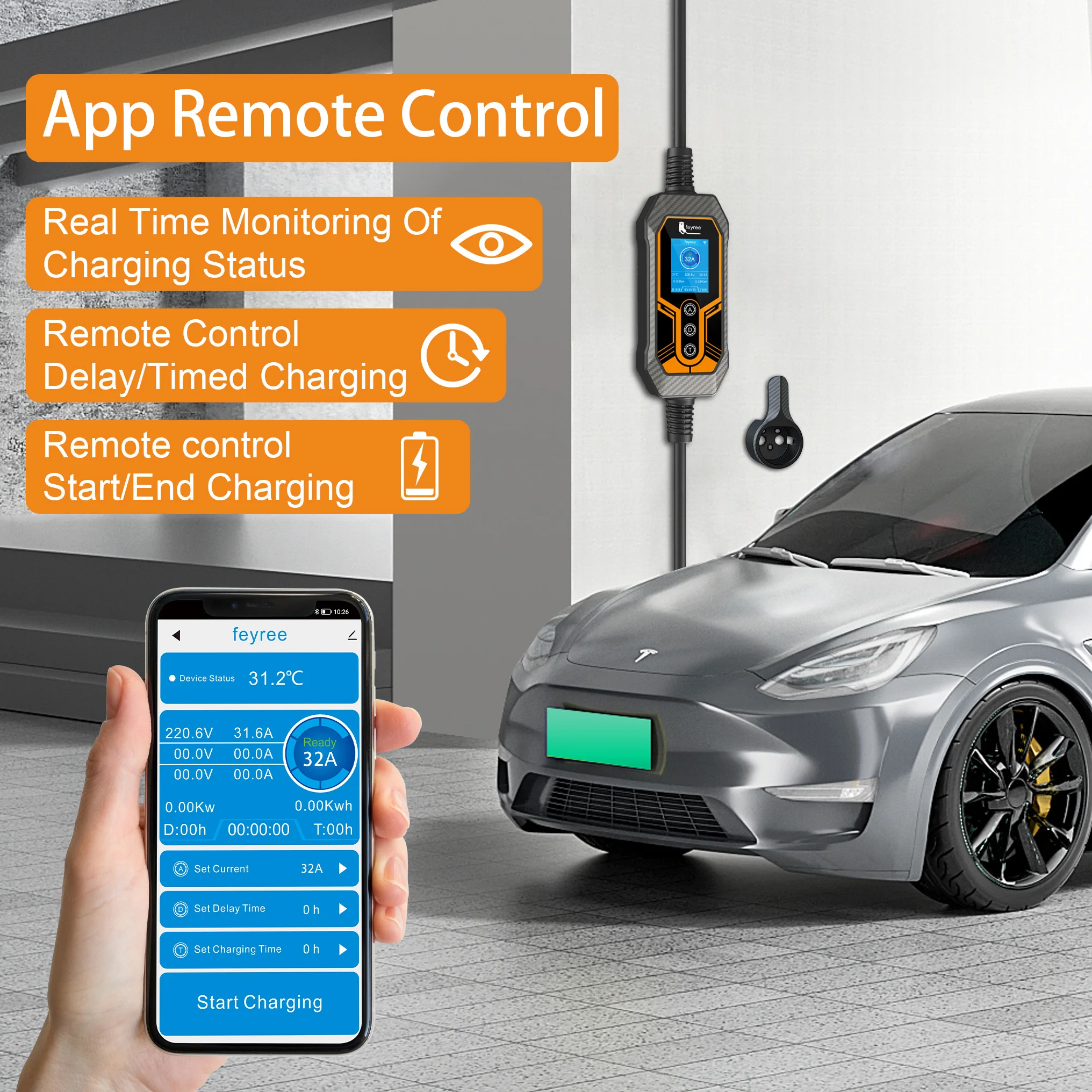Feyree GB/T Portable EV Charger 32A 7KW 1Phase APP Bluetooth Version EVSE 11KW 16A 3Phase Cable 5m CEE Plug for Electric Vehicle