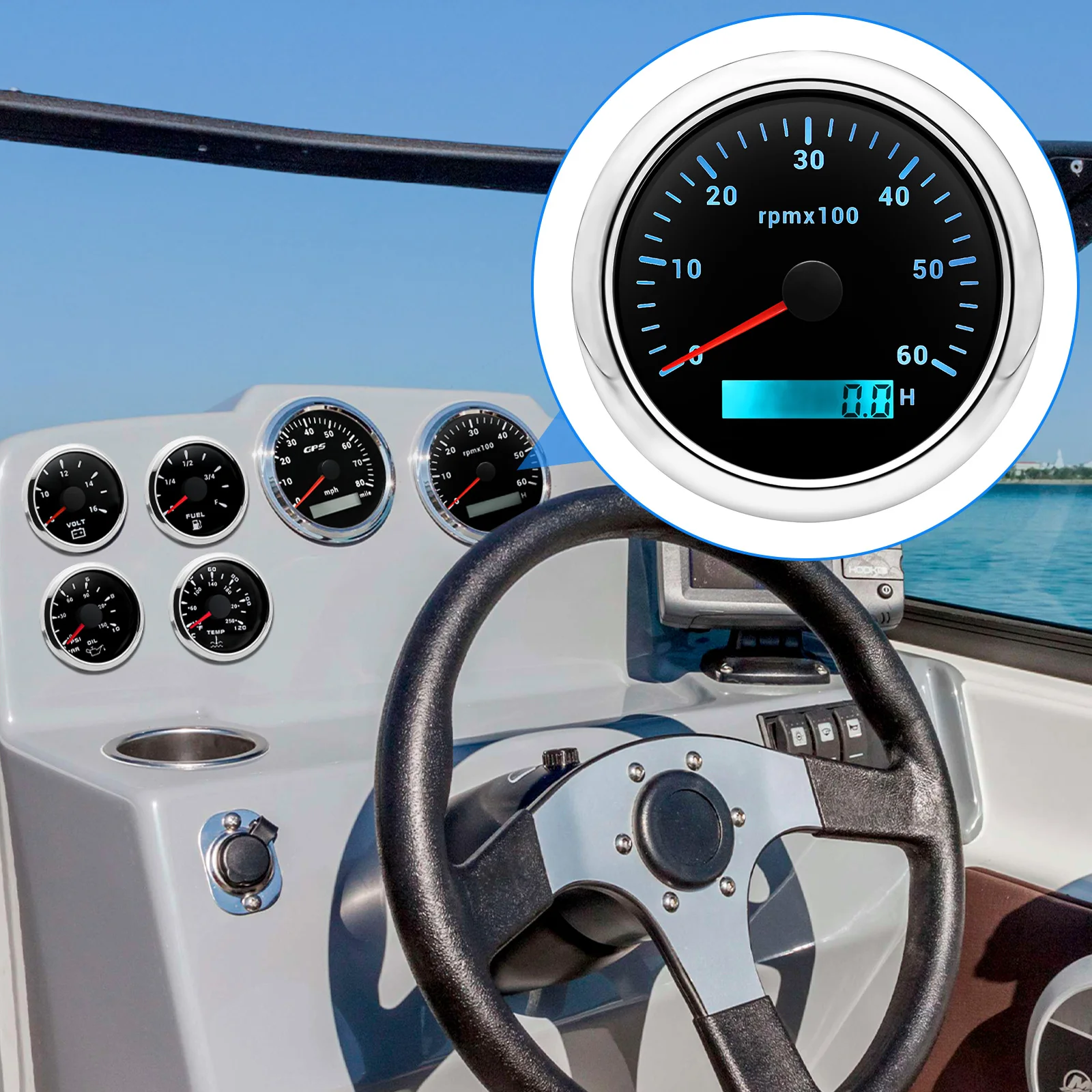 85MM Digital Tachometer 3000/4000/6000/7000/8000 RPM 7Colors Backlight Boat Tachometer with LCD for Car Marine Boat Yacht RV