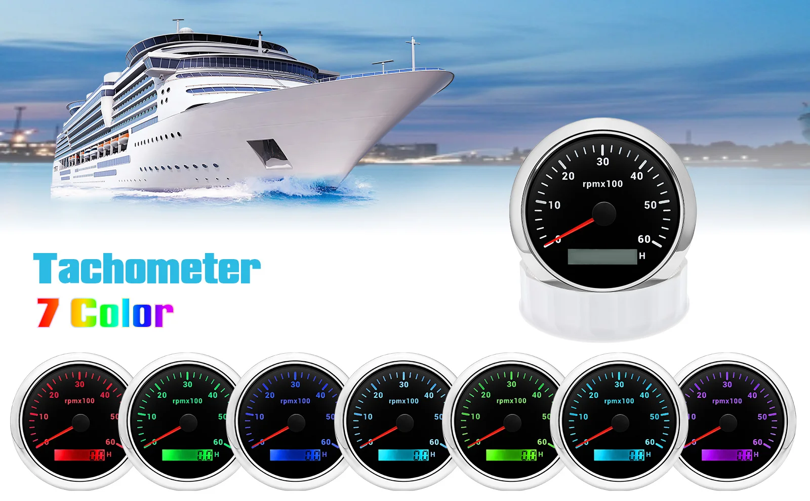 85MM Digital Tachometer 3000/4000/6000/7000/8000 RPM 7Colors Backlight Boat Tachometer with LCD for Car Marine Boat Yacht RV