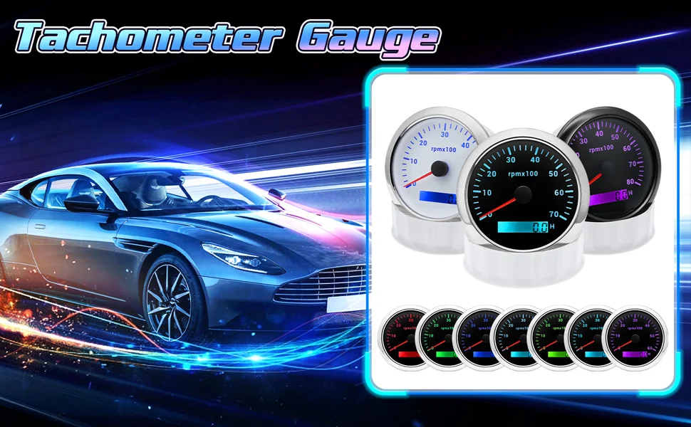 85MM Digital Tachometer 3000/4000/6000/7000/8000 RPM 7Colors Backlight Boat Tachometer with LCD for Car Marine Boat Yacht RV