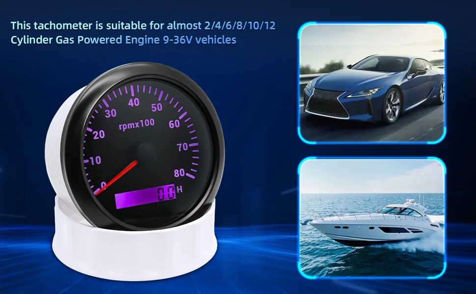 85MM Digital Tachometer 3000/4000/6000/7000/8000 RPM 7Colors Backlight Boat Tachometer with LCD for Car Marine Boat Yacht RV