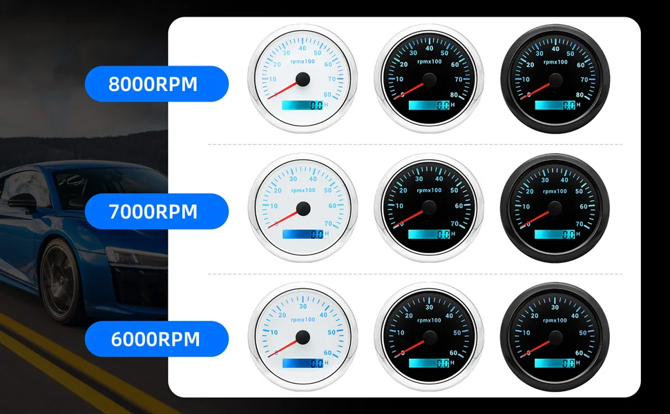 85MM Digital Tachometer 3000/4000/6000/7000/8000 RPM 7Colors Backlight Boat Tachometer with LCD for Car Marine Boat Yacht RV